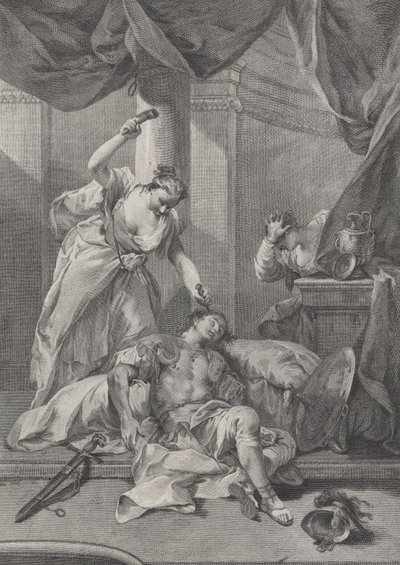 Jael hamrer en teltplugg inn i tempelet til den sovende Sisera, til høyre a se..., ca. 1730-39. av Pietro Monaco