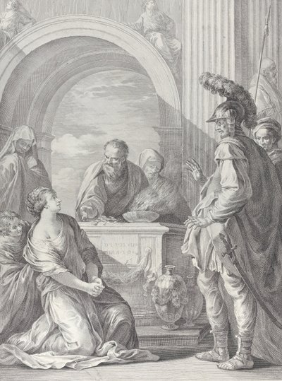 Jeftas datter kneler ved offeralteret, med faren stående på høyre..., 1730-50. av Pietro Monaco