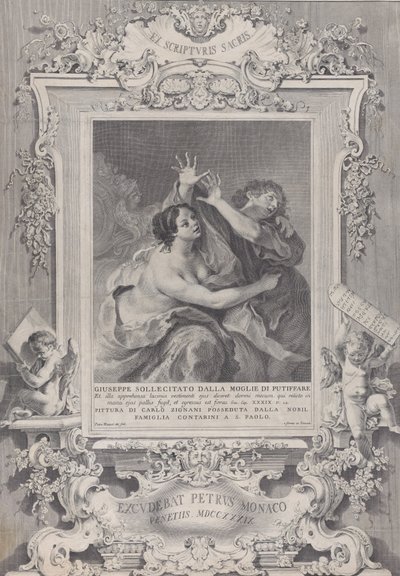 Josef og Potifars kone, innenfor en utsmykket ramme, 1739. av Pietro Monaco