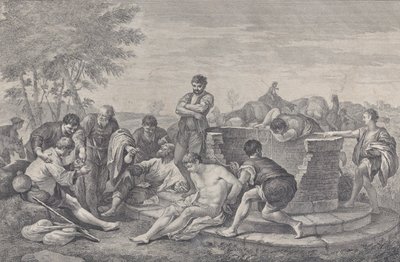 Josef ble solgt til slaveri av brødrene sine, som sitter rundt en brønn som deler opp..., 1730-39. av Pietro Monaco