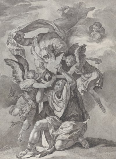 Moses mottar lovens tavler fra Gud som stiger ned fra himmelen, fra..., ca. 1730-39. av Pietro Monaco