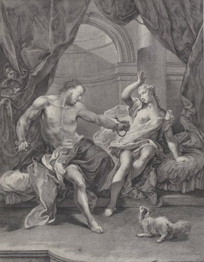 Samson og Delila satt på en seng, Samson river fra hverandre tauene som binder hånden hans..., ca. 1730-39. av Pietro Monaco