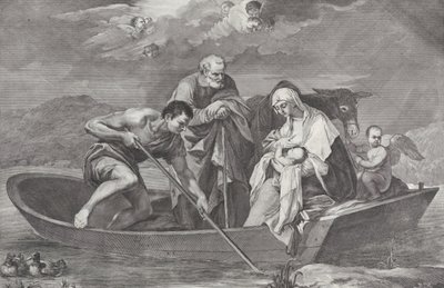 Flukten til Egypt, med den hellige familie i en båt, 1730-50. av Pietro Monaco