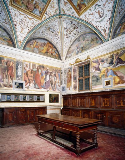 Glimt av sakristi med Perugino-paneler, Basilica of Saint Peter, Perugia, Umbria, Italia av Pietro Perugino