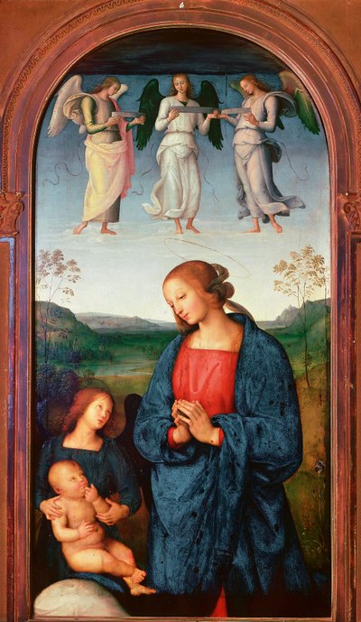 Polyptic of the Chartreuse of Pavia: "" Madonna har barnet og tre engler"" Maleri av Pietro Vannucci dit il Perugino (The Perugin av Pietro Perugino