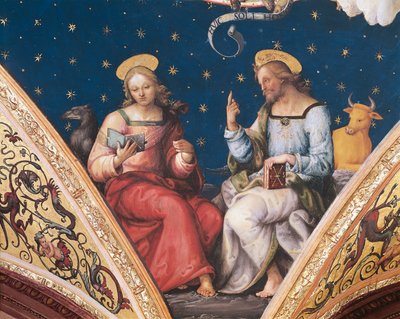St Luke og St John, detalj fra Den evige Fader, med helgener og evangelister av Pietro Perugino