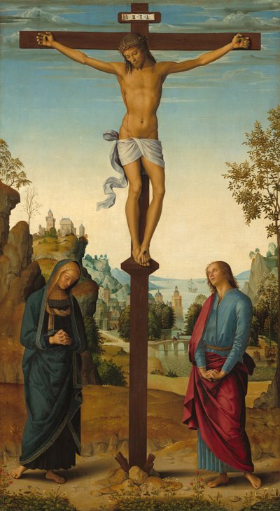 Korsfestelsen med jomfruen, den hellige Johannes, den hellige Hieronymus og den hellige Maria Magdalena [midtpanel] av Pietro Perugino