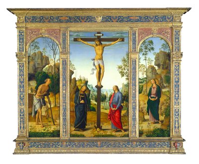 Korsfestelsen med jomfruen, den hellige Johannes, den hellige Hieronymus og den hellige Maria Magdalena, ca. 1482-1485 (olje på panel overført til lerret) av Pietro Perugino