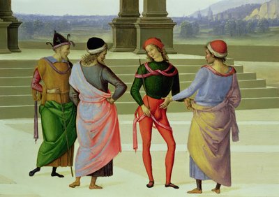 The Marriage of the Virgin, detalj av fire menn i samtale, 1500-04 olje på lerret detalj av 53750 av Pietro Perugino