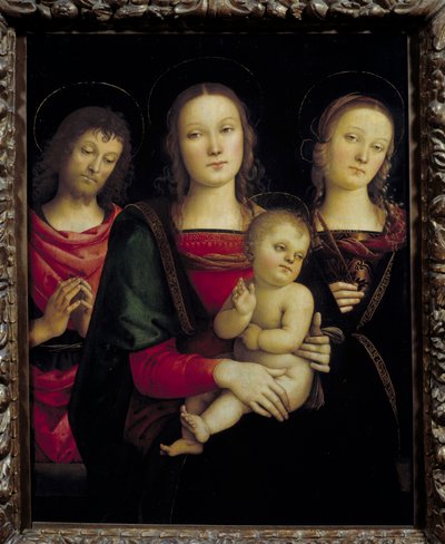 Jomfruen og barnet omgitt av døperen Johannes og den hellige Katarina Maleri av Pietro Vannucci dit il Perugino (Le Perugin av Pietro Perugino