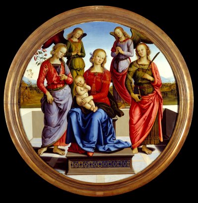 Jomfruen og barnet omgitt av to engler, Saint Rose og Saint Catherine. Maleri av Pietro Vannucci dit il Perugino (The Perugin av Pietro Perugino