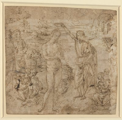 a) Kristi dåp; b) Drapert figur som holder en bok og mann som svinger en øks med en figur, ca. 1475 (penn og brunt blekk) av Pietro Perugino