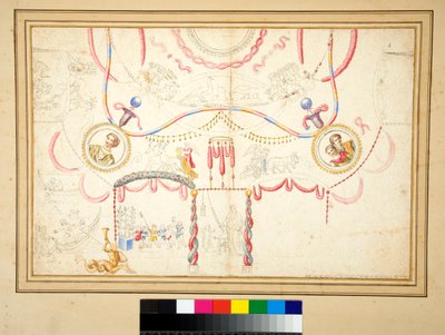 Et design for et tak med mann og kone (byster) i sentral sirkel (svart kritt, noen med penn og brunt blekk. farget med akvarell) av Pietro Santi Bartoli
