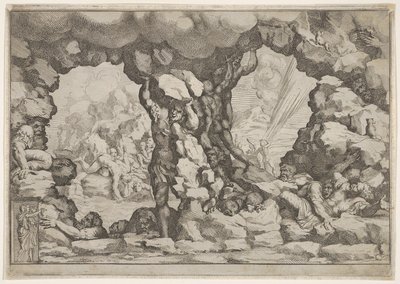 En gigant som løfter en stein i midten, andre kjemper til venstre og høyre sliter og rec..., ca. 1680. av Pietro Santi Bartoli