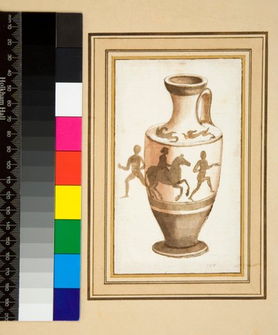 En Oinochoe (svart kritt, noen med penn og brunt blekk. farget med akvarell) av Pietro Santi Bartoli