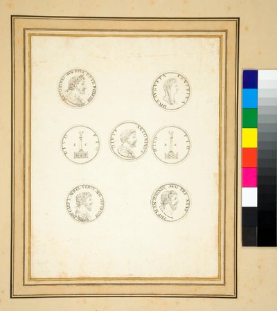 Mynter som viser kolonnen til Antoninus Pius (blekk) av Pietro Santi Bartoli