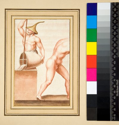 Kopi av en mosaikk av en mann med spiss hette som strømmer fra vase. (svart kritt, noen med penn og brunt blekk. farget med akvarell) av Pietro Santi Bartoli