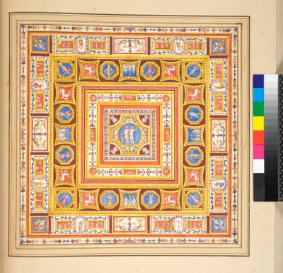 Design for en takfreskomaleri (svart kritt, noen med penn og brunt blekk. farget med akvarell) av Pietro Santi Bartoli