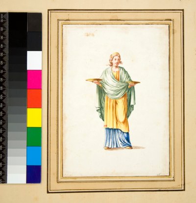 Kvinnefigur på pidestall (svart kritt, noen med penn og brunt blekk. farget med akvarell) av Pietro Santi Bartoli
