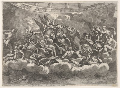 Samling av forskjellige olympiske guder og mytologiske skikkelser blant skyer, Apollo at ce..., ca. 1680. av Pietro Santi Bartoli