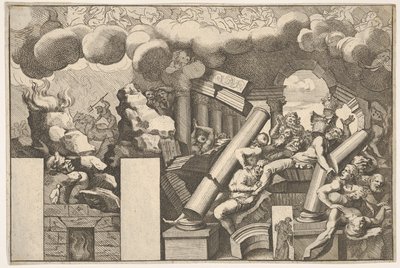 Kjemper knust av steiner og templets fallende søyler, røykskyer over..., ca. 1680. av Pietro Santi Bartoli