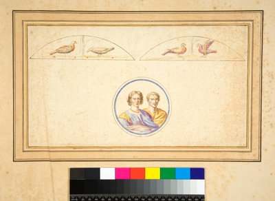 Mann og kone (byster) i sentral sirkel (svart kritt, noen med penn og brunt blekk. farget med akvarell) av Pietro Santi Bartoli