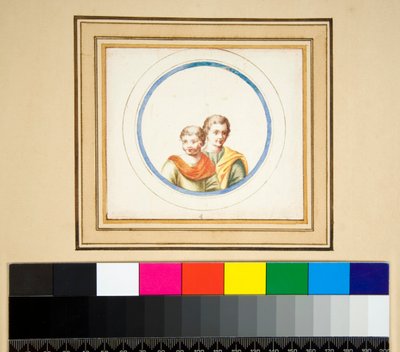 Mann og kone (byster) i sentral sirkel (svart kritt, noen med penn og brunt blekk. farget med akvarell) av Pietro Santi Bartoli