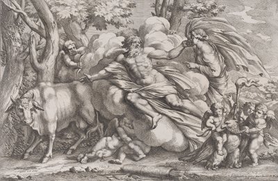 Io til venstre som en ku, Jupiter på en sky i midten og Juno til høyre med pu..., 1650-90. av Pietro Santi Bartoli