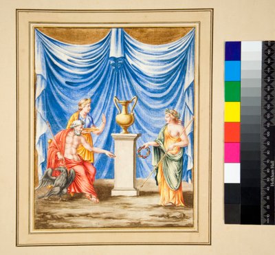 Jupiter sitter til venstre med en ørn og en kvinnefigur (svart kritt, noen med penn og brunt blekk. farget med akvarell) av Pietro Santi Bartoli