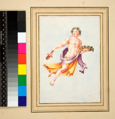 Mannsfigur med krans av blader (svart kritt, noen med penn og brunt blekk. farget med akvarell) av Pietro Santi Bartoli
