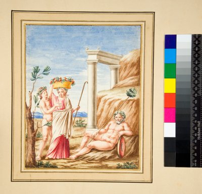 Liggende mann, dame og ungdom (svart kritt, noen med penn og brunt blekk. farget med akvarell) av Pietro Santi Bartoli