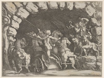 Pluto, sett bakfra, går inn i underverdenen på sin vogn, Cerberus og tre Fu..., ca. 1680. av Pietro Santi Bartoli