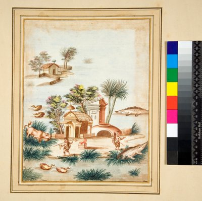 Elvescene med to pygmeer på en øy (svart kritt, noen med penn og brunt blekk. farget med akvarell) av Pietro Santi Bartoli