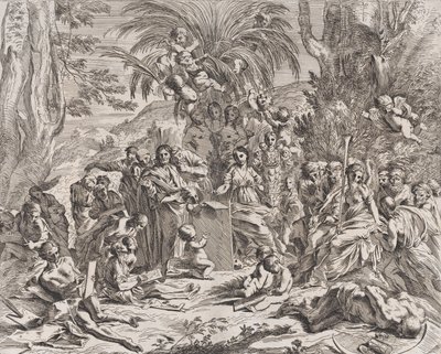 En allegori over maleriet, som som barn i midten til venstre tegner på en tavle, surrounde..., 1637-38. av Pietro Testa