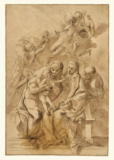 Den hellige familie med Sankta Anna (forside); figurskisser (bakside) av Pietro Testa