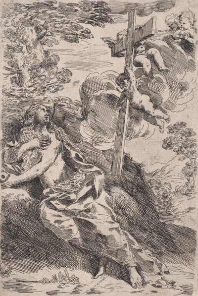 Maria Magdalena i ørkenen, et kors båret av engler til høyre, ca. 1630. av Pietro Testa
