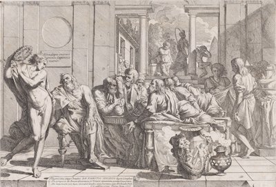 Platons symposium: Sokrates og hans følgesvenner satt rundt et bord og diskuterte ideell kjærlighet..., 1648. av Pietro Testa