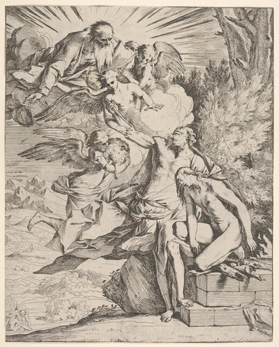 Isaks offer: en engel presser seg mot den dolkbærende armen til Abraham, som ..., ca.1645-50. av Pietro Testa