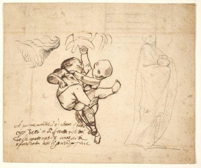 Studie for to lekende putti, løv og en drapert figur med urne av Pietro Testa