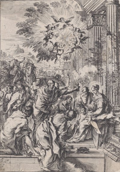 The Adoration of the Magi, satt foran og arkitektonisk søylegang, ca. 1640. av Pietro Testa