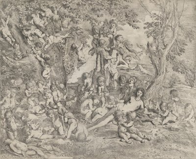 The Garden of Venus som hviler i sentrum foran en herm av Pan og omringet ..., ca. 1631-37. av Pietro Testa
