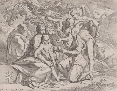 Den hellige familie matet av engler, ca. 1642-44. av Pietro Testa