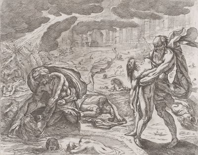 Syndfloden, figurer som trekkes opp fra vannet, ca. 1640-42. av Pietro Testa