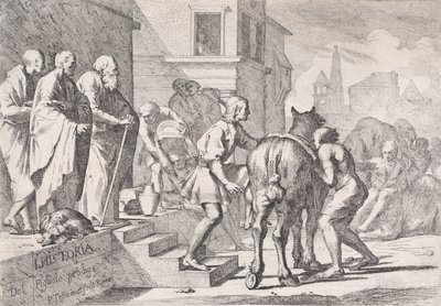 Avgangen til den fortapte sønnen, vist i ferd med å sette seg opp på en hest, fra en serie på fire..., ca. 1645. av Pietro Testa