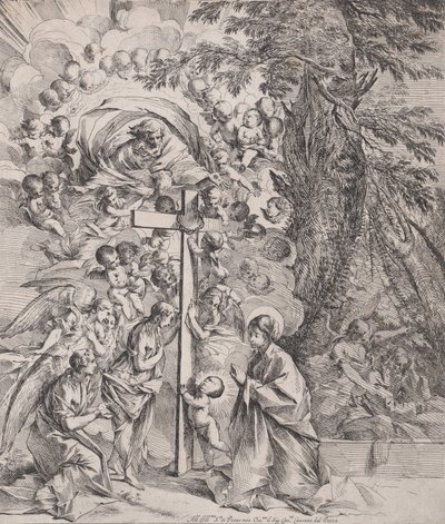Drømmen om St. Joseph, som sover til høyre, Jomfruen og barnet ved en kro..., ca. 1635-37. av Pietro Testa
