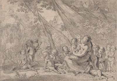 Nestekjærlighetens hage, kvinne som representerer veldedighet til høyre omgitt av barn, ..., ca. 1631-37. av Pietro Testa
