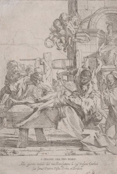 Martyrdøden til den hellige Erasmus som ligger nedbrutt og har fjernet innmaten, to putti a..., ca. 1630. av Pietro Testa