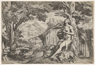 Den fortapte sønnen satt ved foten av et tre blant svin, blikket hans rettet oppover..., ca. 1640-50. av Pietro Testa