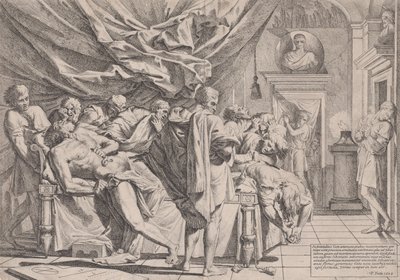 Selvmordet til filosofen Cato, som ligger på sengen sin og trekker ut innmaten, så på b..., 1648. av Pietro Testa