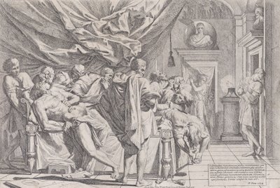 Selvmordet til filosofen Cato, som ligger på sengen sin og trekker ut innmaten, så på b..., 1648. av Pietro Testa